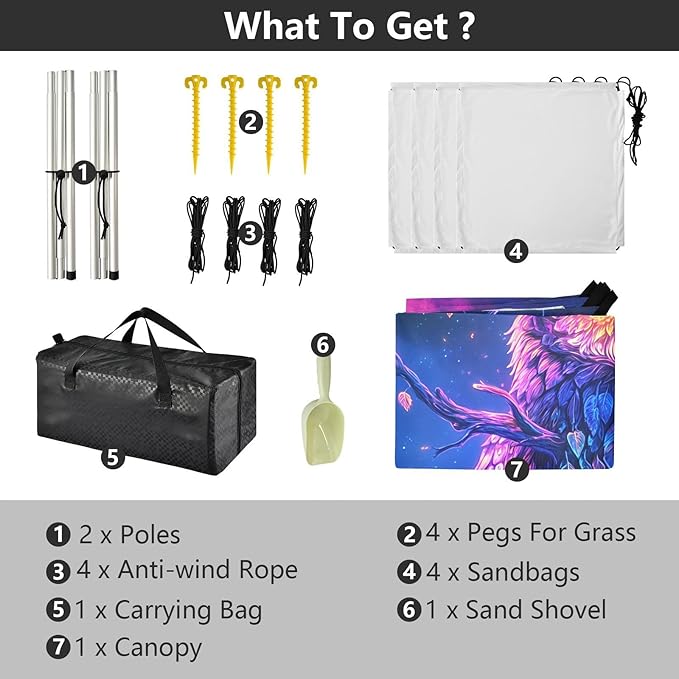 ALAZA Glowing Owl Magical Beach Tent Sun Shelter UPF50+ Protection Beach Shade Canopy w/ 4 Sandbags for Outdoor Camping Fishing Backyard Fun Picnic 10x9 ft