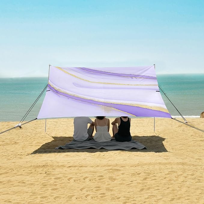 Beach Canopy with Windproof Ropes &amp Sandbags Beach Tent Sun Shade Sun Shelter for Camping Trips Fishing Backyard Fun or Picnics Purple Texture
