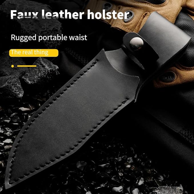 Tactical Fixed Blade Hunting Knife Black Fiber Handle 6.3-Inch Blade with Leather Sheath Moisture-Proof Non-Slip Grip 11.8-Inch Full LengthGifts for Father and Boyfriend Hand Tools Durable and