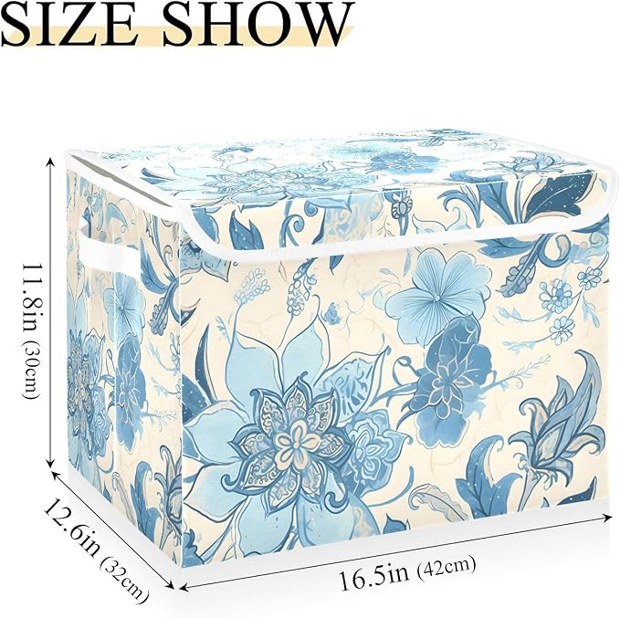 Blue Line Flowers Lidded Storage Bins with Handles - 16.5x12.6x11.8 Foldable Organizing Box Oxford Fabric &amp Honeycomb Board Dust-Proof Flip Lid for Closet/Office