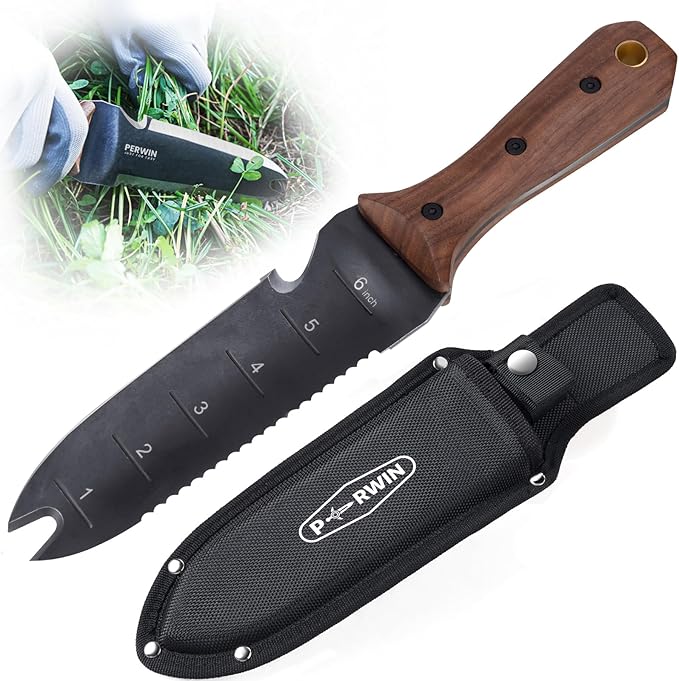 PERWIN Hori Hori Garden Knife Garden Tools with Sheath for Weeding Planting Digging 7 Stainless Steel Blade with Cutting Edge Full-Tang Walnut Wood Handle with Hanging Hole