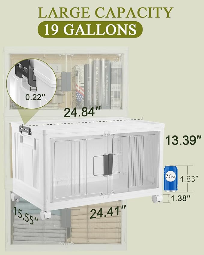 OlarHike 76QT Lockable Storage Bins with Lids - Folding Storage Box with Doors and Wheels Collapsible Plastic Storage Bins for Closets Office Stackable Organizer Containers 4 Pack Cubes