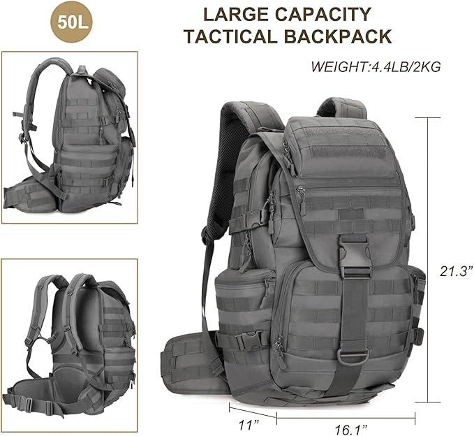 50L Military Tactical Backpack Molle Rucksack Large Army 3 Day Assault Pack Heavy Duty Backpack for Men (Grey)