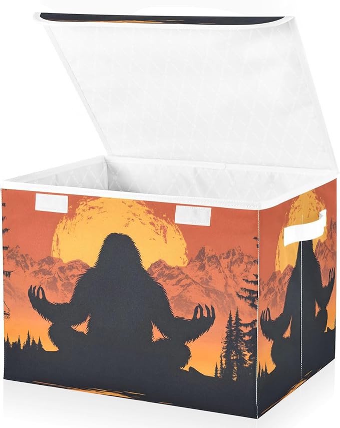 Storage Cube with Lid Meditating Sasquatch Print 16.5×12.6×11.8 IN Collapsible Large Capacity Foldable Storage Basket Bin Organizer