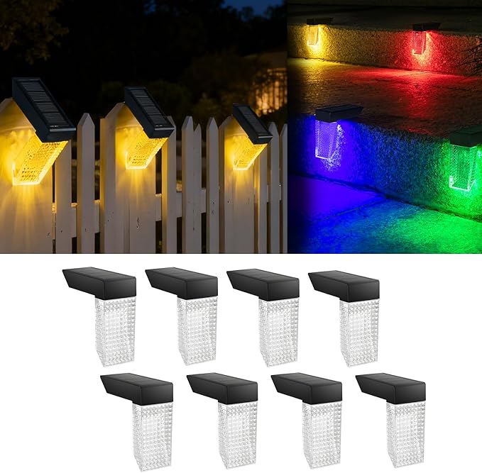 Solar Stair Lights IP65 Solar Step Light for Outdoor Stairs Waterproof for Rain Snow Lights for Patio Garden Porch Deck Front Step (Warm +RGB-8Pack)