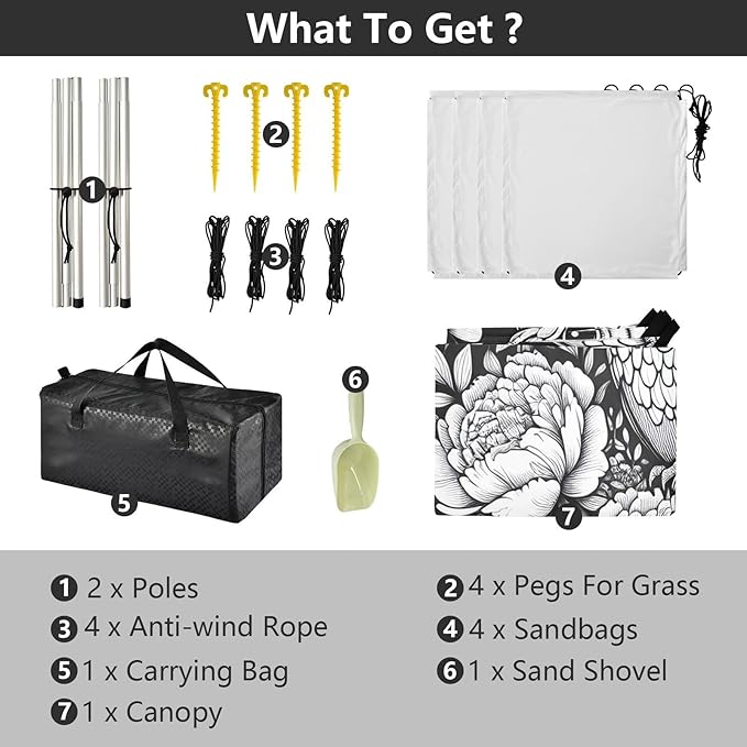 Owl with Peony Flowers Beach Tent Sun Shelter Set UPF50+ UV Protection 10.5 x 9.19 FT Camping Shade Canopy with Sandbags Sand Anchors Carrying Bag and Others