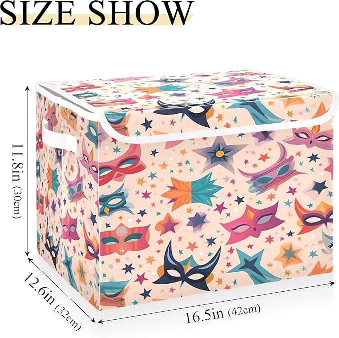 Storage Baskets with Lids Colorful Mask Mardi Gras Collapsible Bins Stackable Fabric Linen Baskets Closet Organizer Container 16.5x12.6x11.8