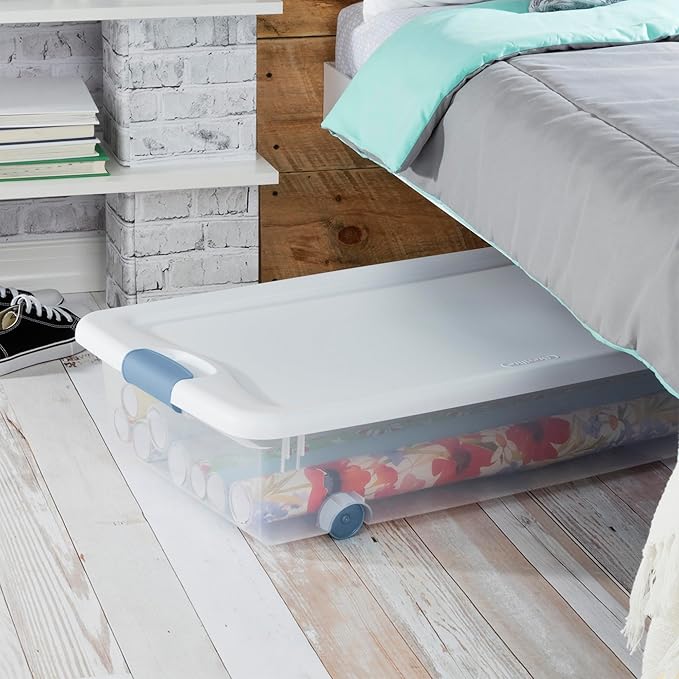 Sterilite 8-Pack Latching Box Under Bed Storage Bins with Lids Clear Plastic 56 Quart - Heavy-Duty Organizing Containers for Closet Bathroom and Office