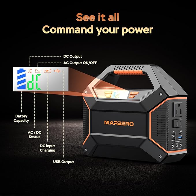 MARBERO Portable Power Station 155Wh Portable Charger 100W Power Station with 6 Outputs 2x 110V AC Outlet LED Flashlight for Home Blackout Camping RV Travel Ultra-Light &amp Silent Fan UL Certifie