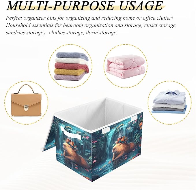 AIXIWAWA Lidded Storage Cube (Cute Peaceful Capybara) Fabric Foldable Closet Bins with Flip Lid and Handles Organizer Basket Container 16.5 x 12.6 x 11.8 IN