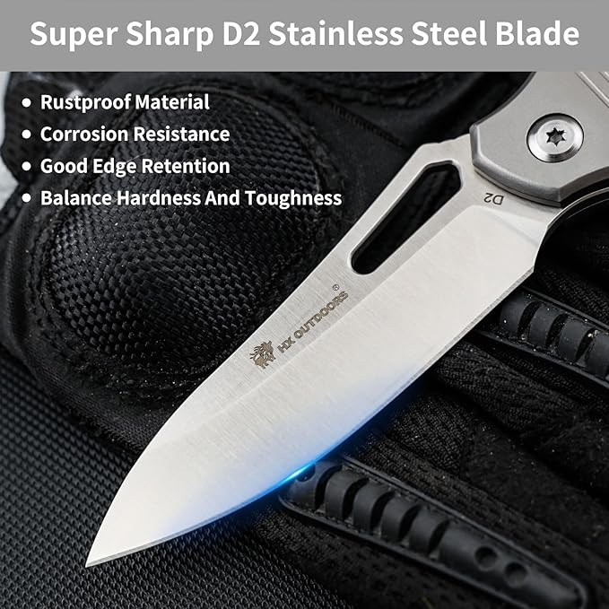 HX OUTDOORS Pocket Knife for Men Folding Knife with Clip D2 Steel Blade Titanium Handle Sharp EDC Tactical Knife for Camping Hiking Survival Outdoor Pocket Knives for Men Gift