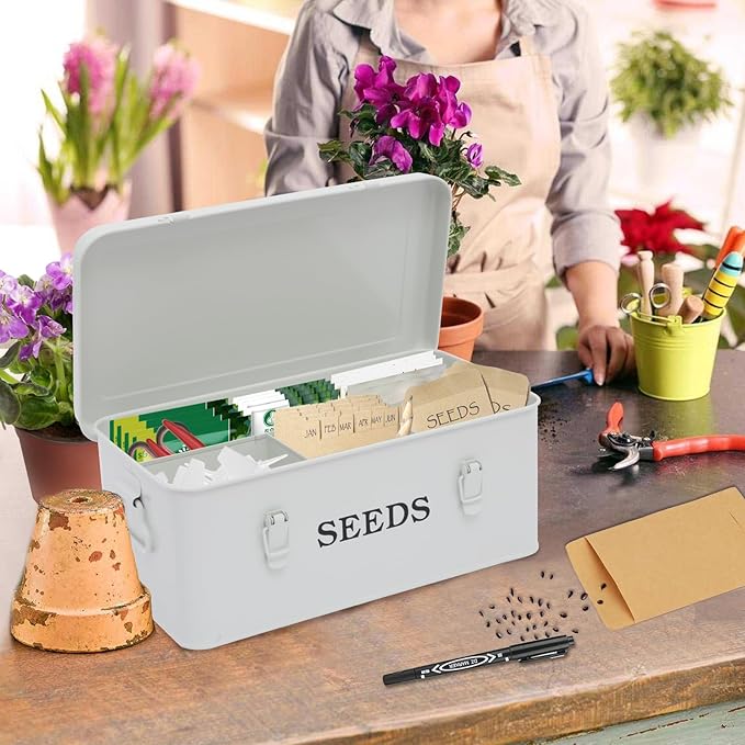 Seed Storage Organizer 4 Compartment Seed Storage Box with Safety Lock Metal Seed Box Container with 2 Pens 20 Plant Labels and 50 Seed Envelopes for Seed Packet &amp Small Garden Tool White