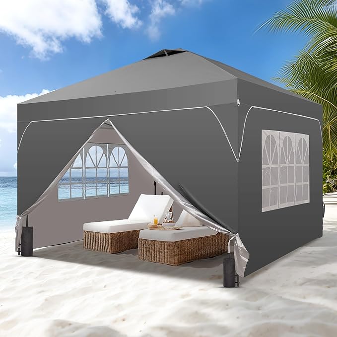GDY 8x8FT Pop Up Canopy Tent with One Push Setup Easy to Install with 4-Sidewalls for Events Parties Camping Outdoor Gazebo with 4-Sandbags Grey.