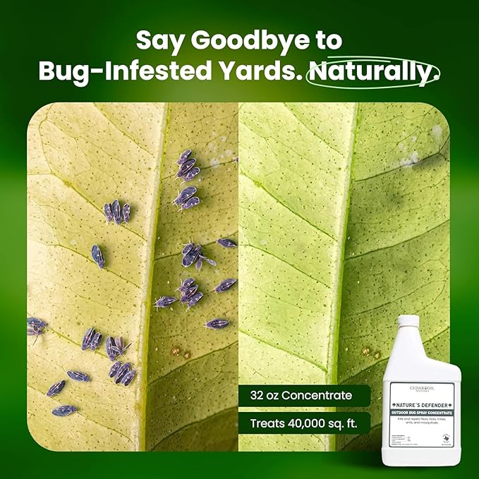 Nature's Defender Outdoor Pest Control Spray – All-Natural Cedarwood Oil Formula for Mosquitoes Ticks Fleas and Ants – Safe for Pets Kids and Plants – 32 oz Concentrate Treats 40000 sq. ft