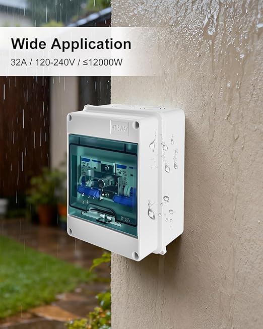 32A Dual Power Manual Transfer Switch IP65 Waterproof Circuit Breaker Box with 2Pcs 2-Pole 32A Circuit Breakers &amp Single-Side Slide Lock for 120 240V Residential and Industrial Application