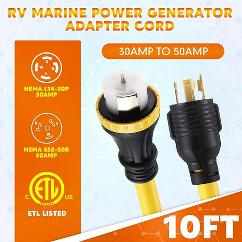 10FT NEMA L14-30P to SS2-50R RV Marine Power Generator Adapter Cord 30A 4 Prong Locking Generator L14-30P Male to 50A Marine Shore Power SS2-50R Female with Locking Ring 125V/250V