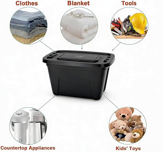 Storage Bins with Lids - Made in USA 18-Gallon (72-Quart) 4PC Black Storage Totes with Lids Heavy Duty Plastic Stackable Containers Large Storage Boxes for Home and Office Organization