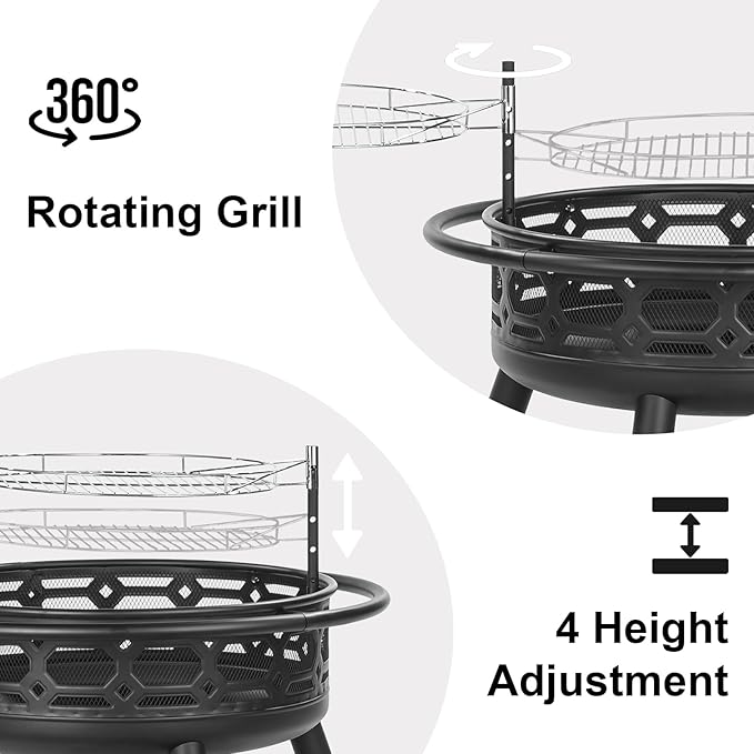 Florise 36 Inch Fire Pit Outdoor Wood Burning Firepit with Removable Grill &amp Poker Heavy Duty Metal Round Fireplace2 in 1 Large Bonfire for OutsideBBQYardPatio
