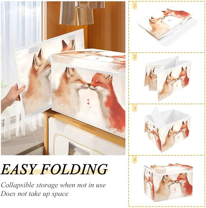 AIXIWAWA Lidded Storage Cube (Love Foxes) Fabric Foldable Closet Bins with Flip Lid and Handles Organizer Basket Container 16.5 x 12.6 x 11.8 IN