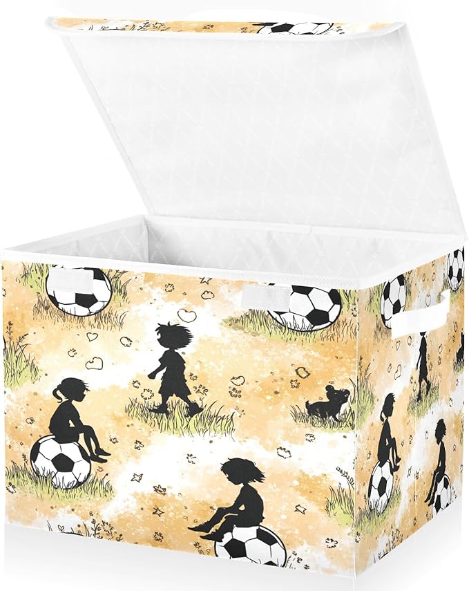 Orange Kids Soccer Ball Grass Storage Box with Lid 1 PC Foldable Storage Bin with Lids Stackable Storage Bins Cube Closet Organizer Basket with Flip-Top Lid &amp Handles for Shoes Books Towels