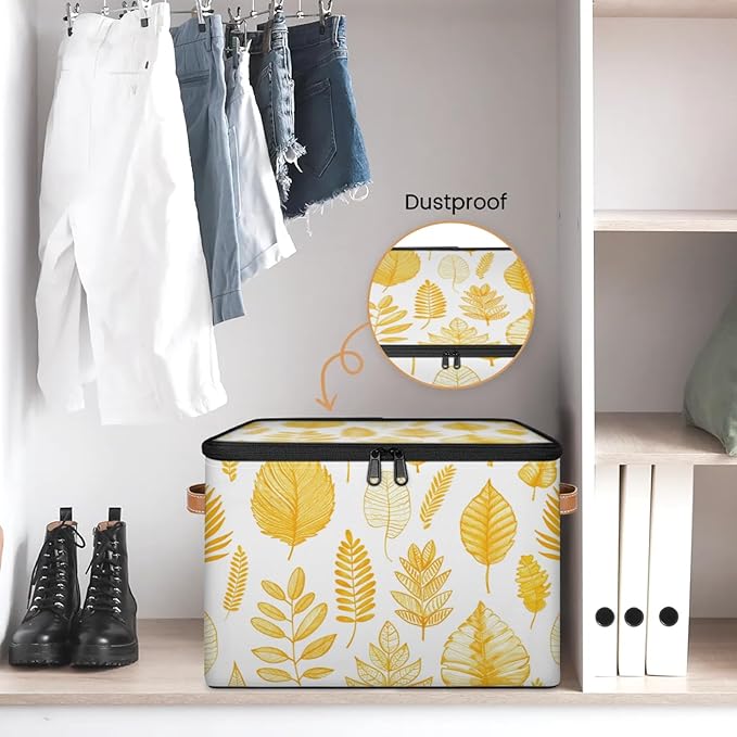 Storage Bins with Lids Beautiful Leaves Print Storage Basket Clothes Organizer with Handles Closet Storage Containers for Clothing Bedding Blanket