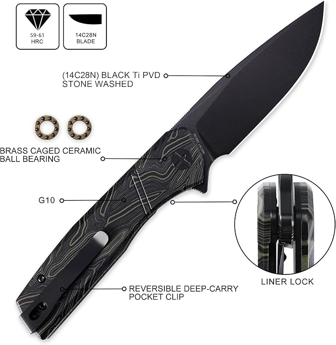 IOI Task Force I51984 Tactical Pocket Knife for Men – 14C28N Black Titanium PVD Folding Blade Green Gmascus G10 Handle EDC Knife with Clip Enhanced Custom LeftSide Clip for Everyday Carry Camping