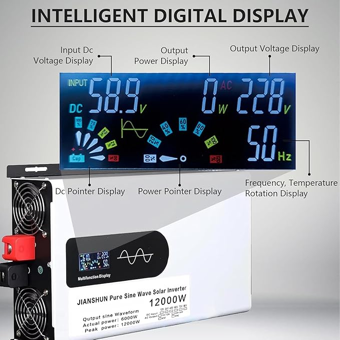 6000W/8000W/10000W/12000W Hybrid Solar Inverter DC 12V/24V/48V/60V/72V/96V to 110V-120V AC Split Phase Inverter with Pure Sine Wave Parallel Inverters for Home Energy Storage24V-12000W
