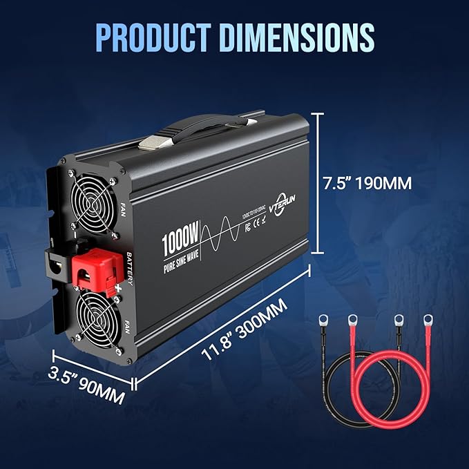1000W Pure Sine Wave Inverter 12V DC to 110-120V AC Efficient Energy Converter for Home RV Use with Wireless Remote Control with USB C Ports
