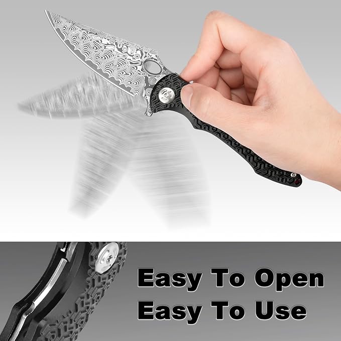 Zingbee Pocket Knife for EDC Damascus Pocket Knife with Black Aluminum Handle 3.3 Damascus Blade Pocket knives &amp Folding Knives