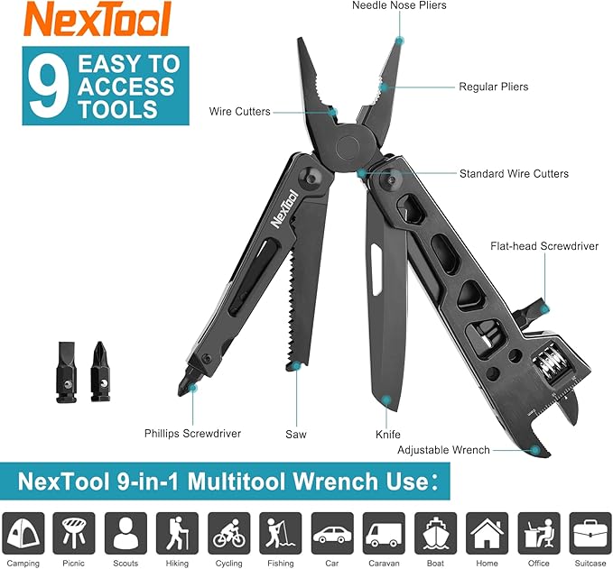 NexTool Adjustable Wrench Multitool 9 in 1 Multi Tool with Multitool Pliers Adjustable Wrench Pocket Knife and Screwdriver Foldable Stainless Steel Multi-Tool for Mechanical Maintenance Camping