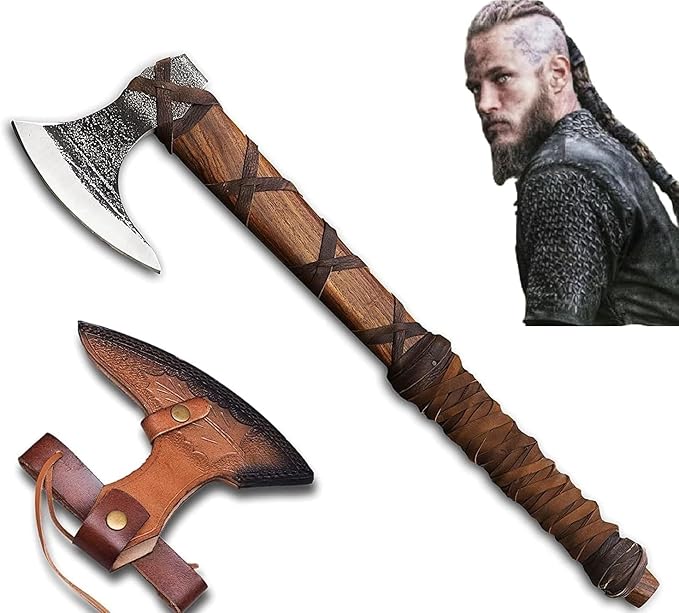 Generic | 27 and 3.5 lbs Custom Handmade Viking Axe of Ragnar Lothbrok Norsmen- Battle and Forest Hunting Hatchet Authentic Viking ax with Sheath Vikings Gifts (Ragnar Lothbrok Axe) Brown
