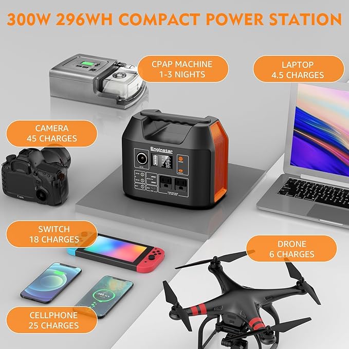 EnginStar Portable Power Station 300W 296Wh Battery Bank with 110V Pure Sine Wave AC Outlet for Outdoors Camping Hunting and Emergency 80000mAh Backup Battery Power Supply for CPAP