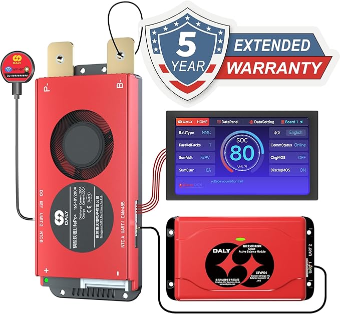 DALY BMS Balance 48V 200A Display - Smart 1A Active Balance BMS 16S with 4.3 Inch LCD Touch Screen WiFi Bluetooth Module Supports RS485 CAN for Solar Golf Carts Electric Motors Solar