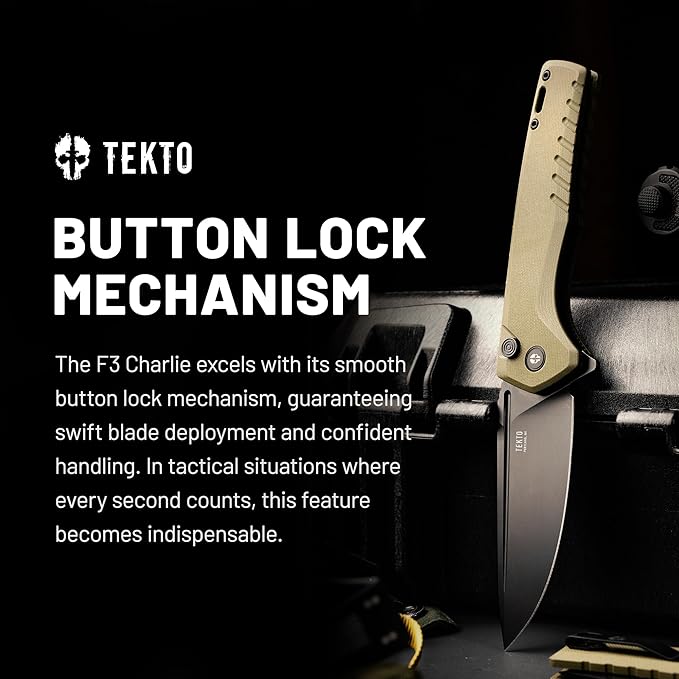 TEKTO F3 Charlie Button Lock Folding Knife Oversized Fine Edge Blade - Easy Open Pocket Knife with Titanium Coated D2 Steel &amp Black Titanium Barrel Spacers