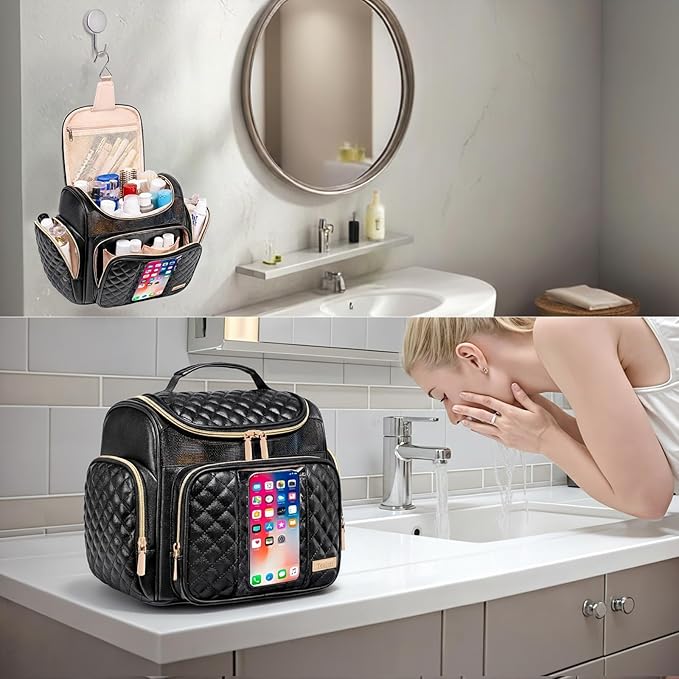 Large Leather Toiletry Bag for Women MenBathroom BagWater Resistant Shower BagMakeup BagPortable Shower Caddy for College DormHanging Travel Toiletry Bag with Transparent Waterproof Phone Pocket