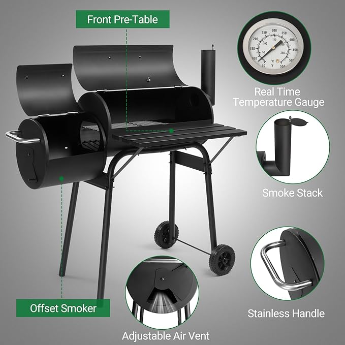 Large Charcoal Grill with Offset Smoker and Wood-Painted Side Table Outdoor Smoker Grill with 811 Sq. In. Cooking Area for Outdoor Patio Barbecue Camping Parties Event Black