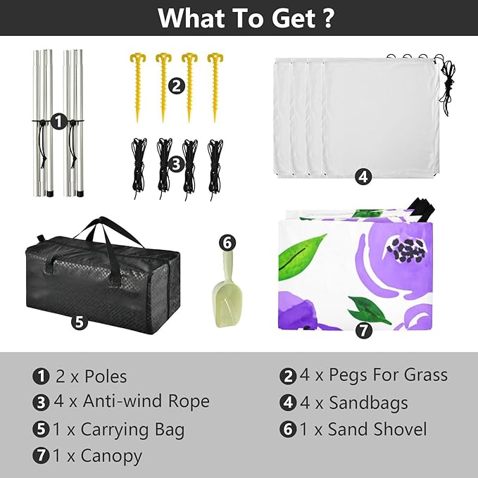 Beach Canopy with Windproof Ropes &amp Sandbags Beach Tent Sun Shade Sun Shelter for Camping Trips Fishing Backyard Fun or Picnics Purple Flowers
