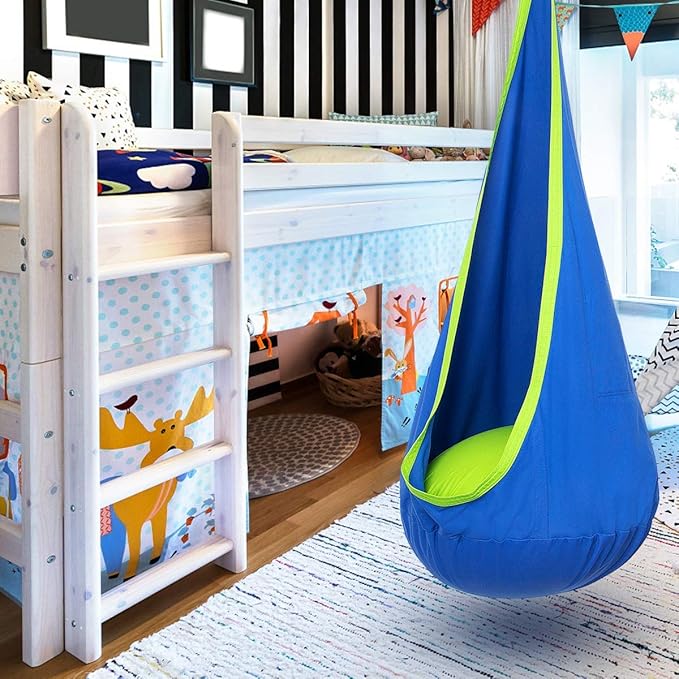 Y- STOP Kids Pod Swing Seat Hanging Hammock Chair Swing with Inflatable Pillow Sensory Swing Chair with Pocket for Outdoor and Indoor (Blue and Green)