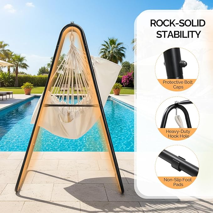 ONCLOUD 600LBS Heavy-Duty Hammock Chair Stand A-Shaped Universal Multi-Use Steel Hanging Chair Stand with Hook Durable Swing Stand for Indoor Outdoor Weather Resistant Support Base Black