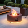 2-Piece 30 LED Round Propane Fire Pit for Outside Patio with Hidden Tank Table 50000 BTU Fireplaces with Lid Glass Rocks Cover(Dark Grey w/Golden Light)