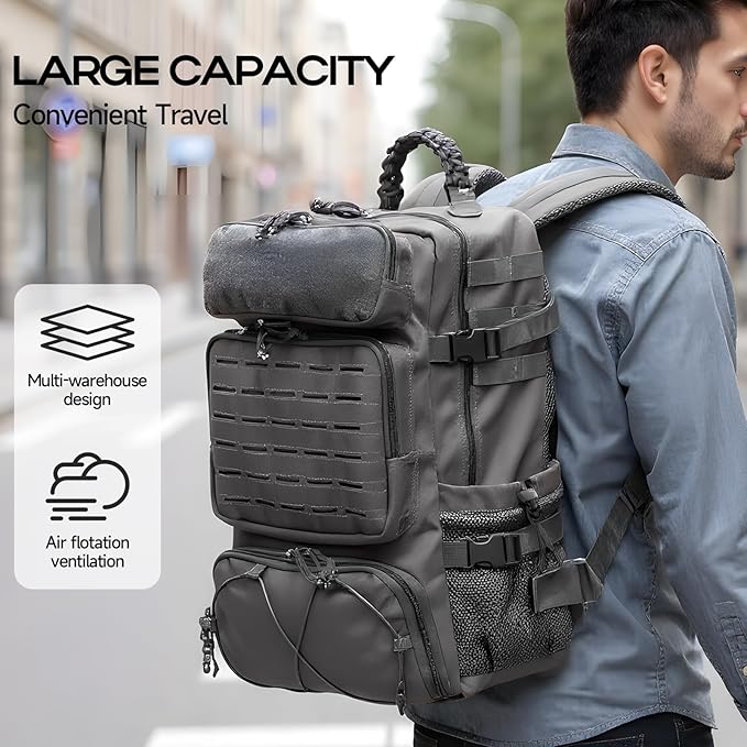 Tactical Military Backpack Large Capacity Molle System Multi-Compartment Design with Shoe Storage Black (grey)