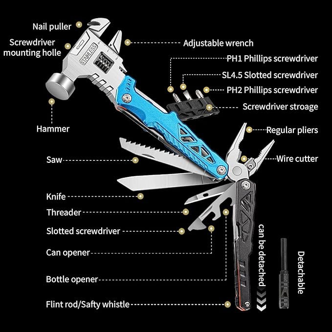 18-in-1 Multitool Hammer with Adjustable Wrench Stainless Steel Multi Tool Pliers All-in-One Survival Camping Tool Gift with Pocket Knife Hammer Saw Screwdrivers Bottle Opener Carrying Pouch