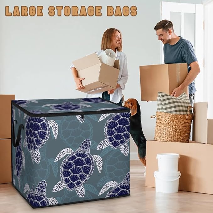 Large Nautical Green Sea Turtles Storage Bags with Lid XL Blanket Clothes Storage Bins Foldable Organizers Storage Containers with Handle for Comforters Bed Sheets Pillows Sea Animals