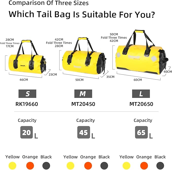 Rhinowalk Waterproof Duffle Dry Bag 20L Bike Bag Motorcycle Tail Bag Motor Travel Luggage for Camping Boating Cycling Motorcycle-Black