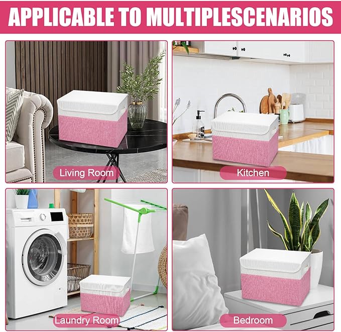 Bagnizer Large 22 Quart Linen Fabric Foldable Storage Bin Cube Organizer Basket with Flip-Top Lid &amp Handles Clothes Blanket Box for Home Office Closet Pink &amp White 4 Pack 14.6 x 9.5 x 9.5