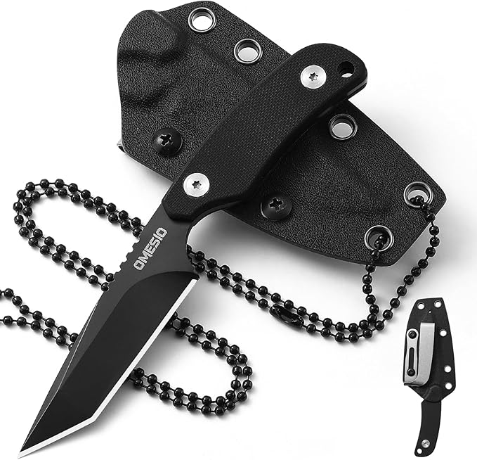 Omesio Neck Knife Small Tanto Fixed Blade with Kydex Sheath and Clip Full Tang 6 Necklace Mini Tactical EDC Knife - D2 Steel G10 Handle (Black Steel + Black Handle)