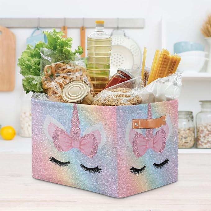 Pardick Unicorn Face Pink Basket Storage Bins Large Fabric Toys Storage Cube Box with Handles Collapsible Closet Shelf Cloth Organizer Basket for Nursery Bedroom Bathroom Holiday Gift