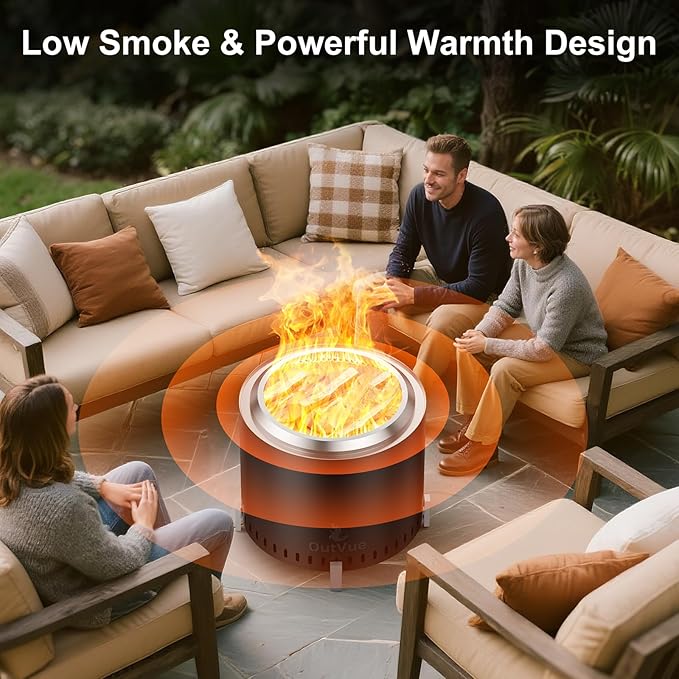 OutVue 19.5 inch Stainless Steel Smokeless Fire Pit Outdoor Smokeless Firepit with Tote Bag&ampFire Poker Wood Burning Fire Pits for Camping Bonfire Low Smoke Firepit for Outside (Vertical Hole)