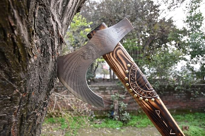 24-Inch Viking Battle Axe Hand Forged 5160 High Carbon Steel Blade Engraved Wood Handle Decorative Norse Design Viking Axe