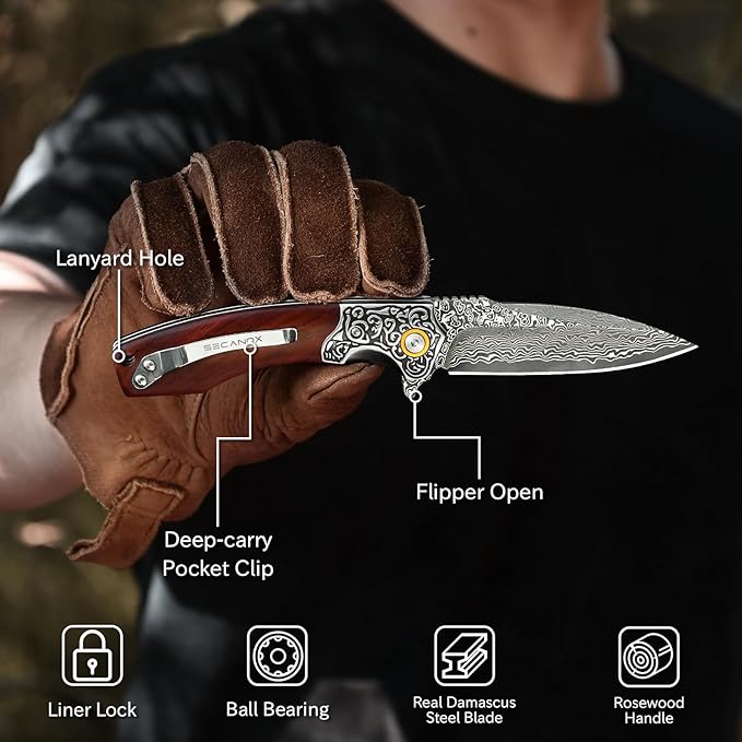Damascus Pocket Knife for Men 3.34 Sharp Damascus Steel Blade Folding Knives with Wooden Handle EDC Knifes for Camping Hiking Collection